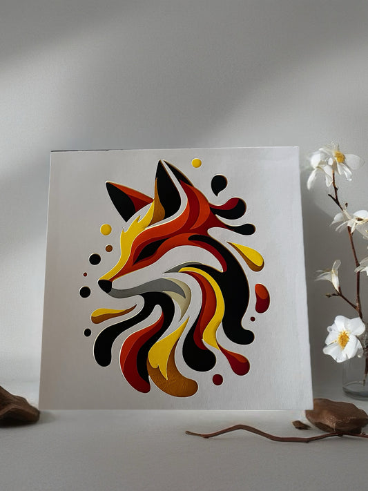 3D Shadow Box papercut portret lisice u crvenoj i žutoj boji – beli okvir, lifestyle prikaz sa belim cvećem