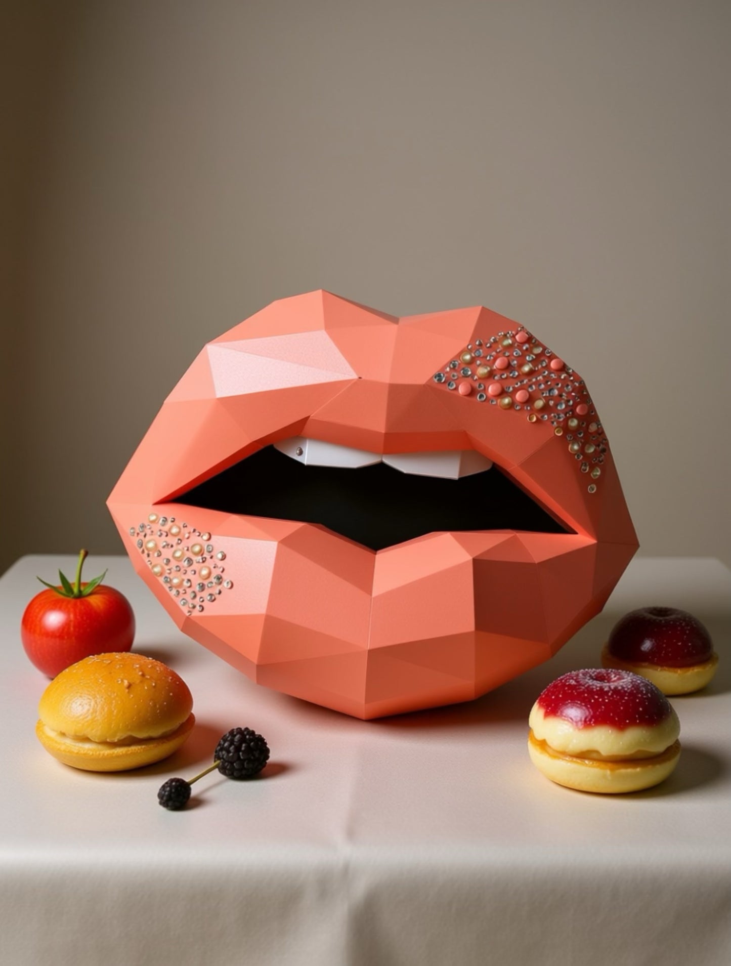 3D figura usana sa kristalima prikazana sa mini kolačićima i voćem, stilizovana fotografija