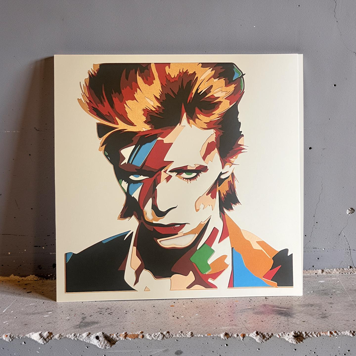 3D Shadow Box pop art portret – višeslojna papercut slika naslonjena na betonski zid