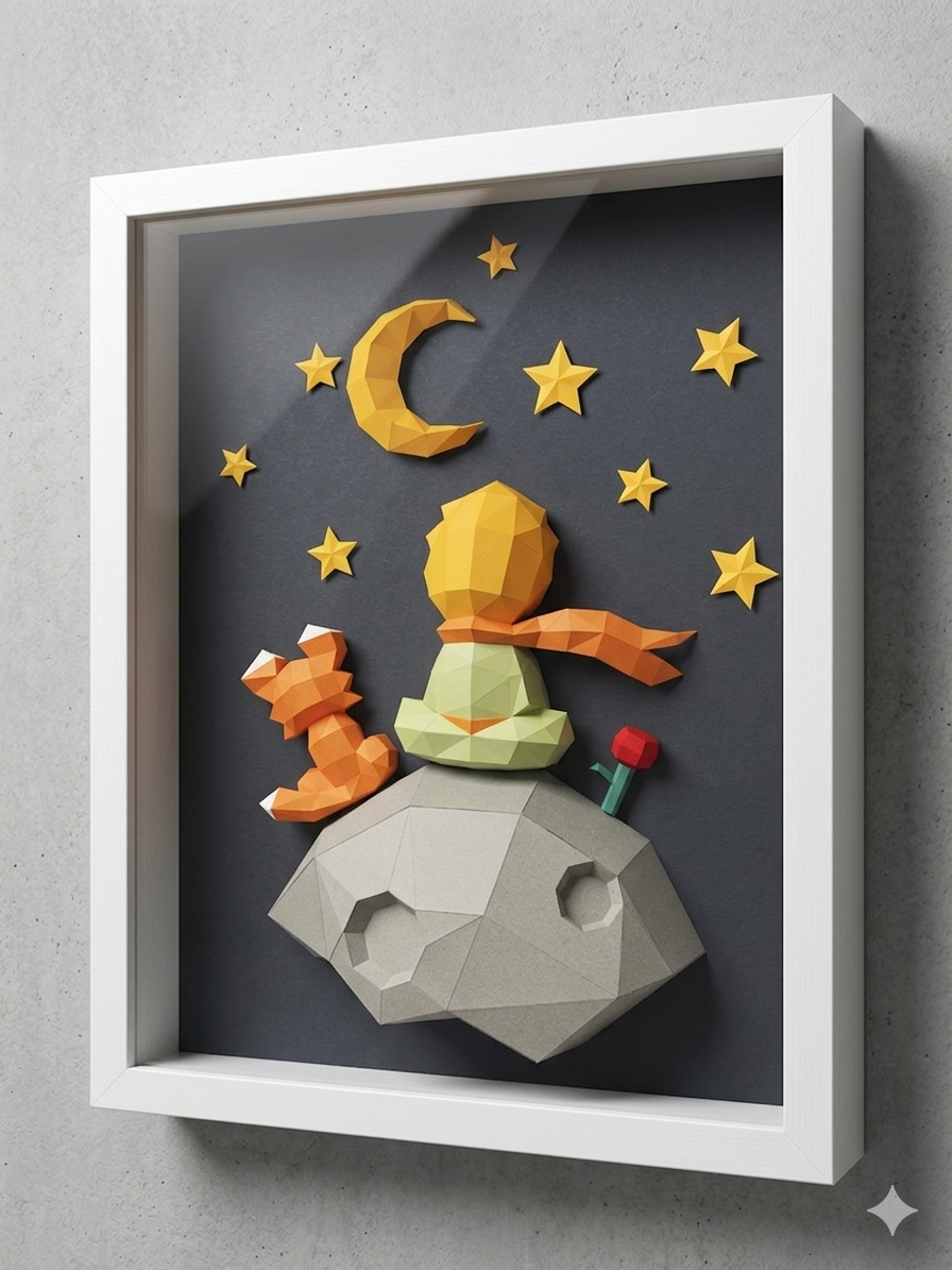 3D low poly dekoracija Mali Princ u belom okviru okačena na zid – geometrijska papercraft kompozicija