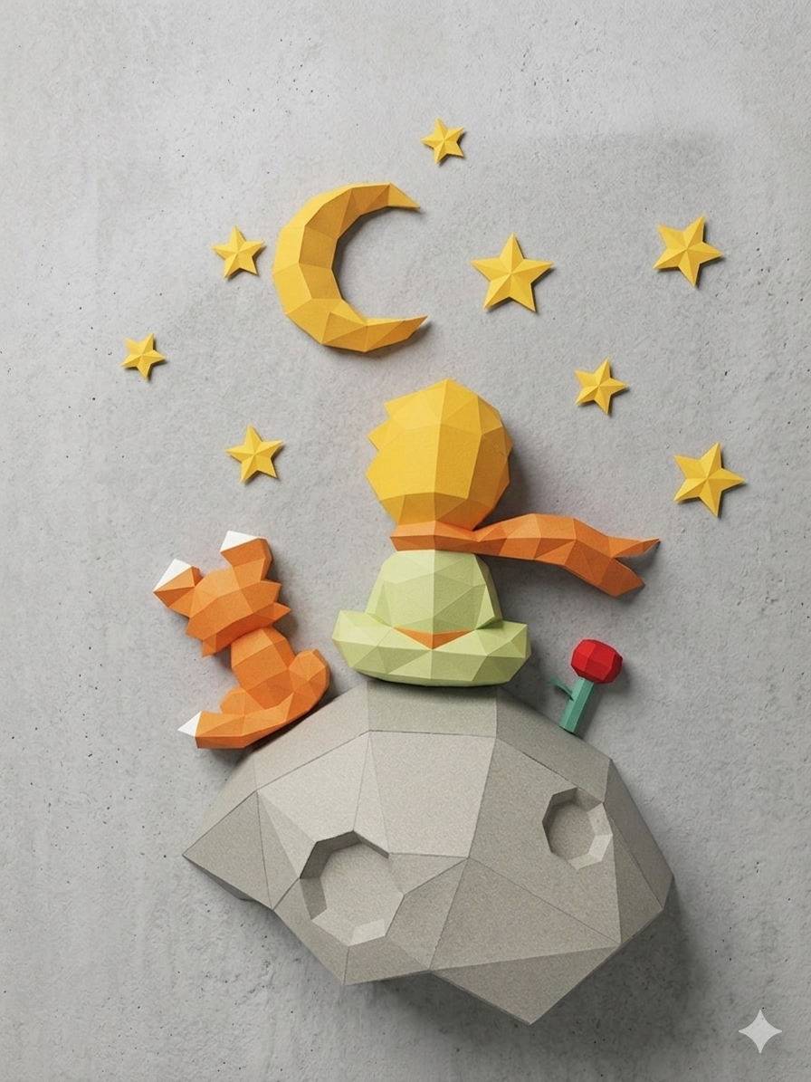 3D low poly Mali Princ i lisica bez okvira na svetloj pozadini – prikaz dubine i geometrijskih oblika