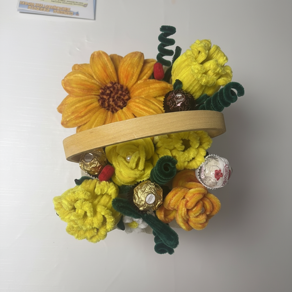 Personalizovani žičani buket sa narandžastim i žutim cvetovima u pletenој korpi, idealan poklon za Dan žena ili rođendan