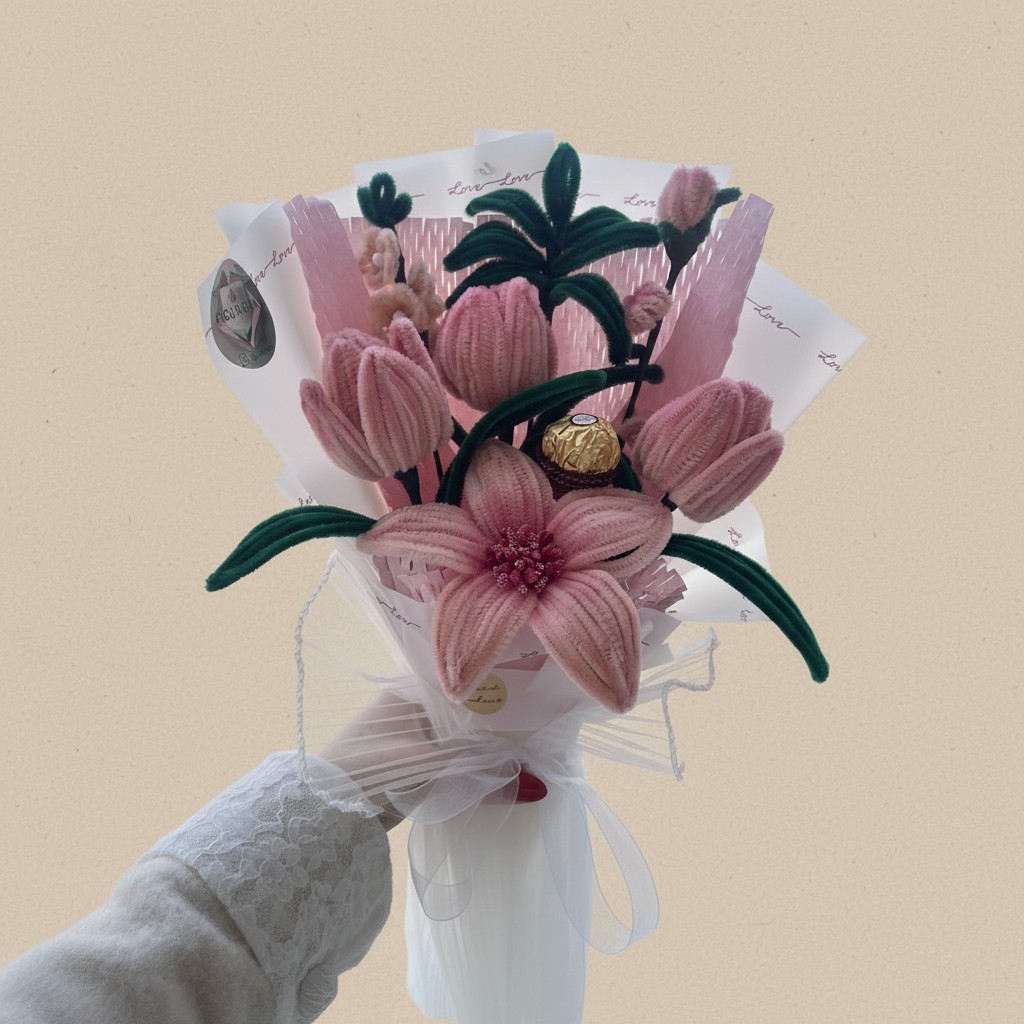 Ručno rađen žičani buket roze tulipana u staklenoj vazi - elegantni poklon za Dan žena i rođendane