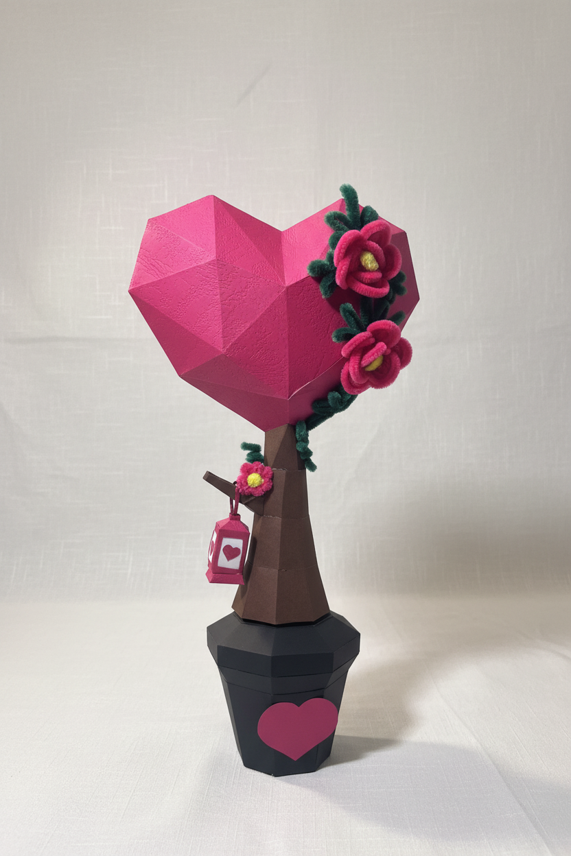 Ručno rađeno low poly srce drvo sa žičanim buketom, roze srce sa zelenim fuzzy wire lišćem, crna saksija sa srcem, personalizovani poklon
