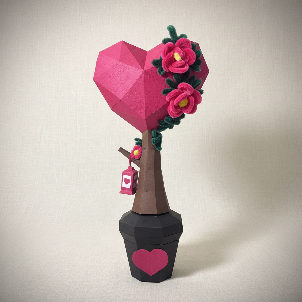Low poly geometrijsko srce drvo sa ručno rađenim žičanim cvetovima, roze i zelena fuzzy žica, poklon za venčanje i Dan zaljubljenih, Figurista