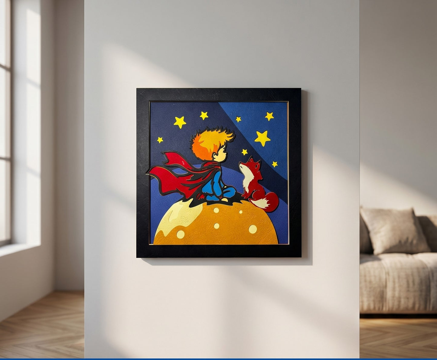 3D layered art Mali Princ i lisica u crnom okviru na sivom zidu – unikatna zidna dekoracija