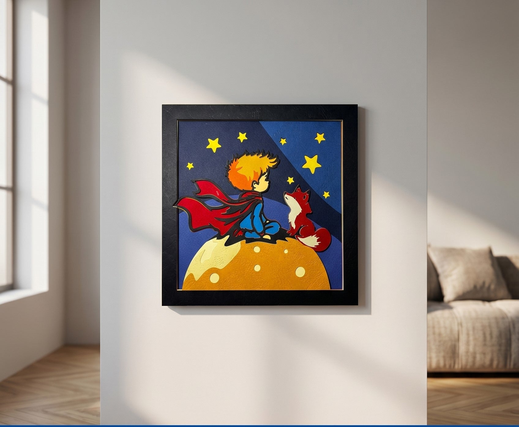 3D layered art Mali Princ i lisica u crnom okviru na sivom zidu – unikatna zidna dekoracija