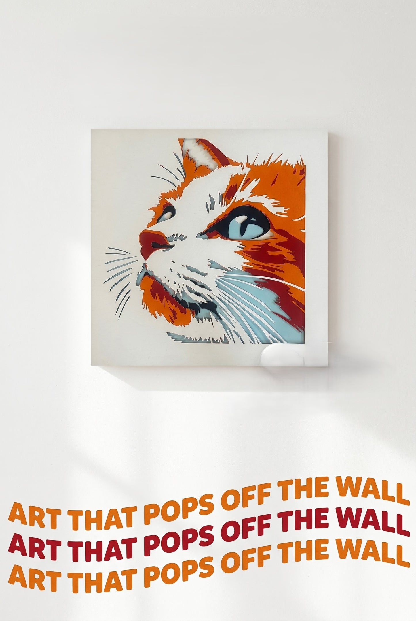 3D layered art riđa mačka u belom okviru okačena na zid – prikaz u prostoru