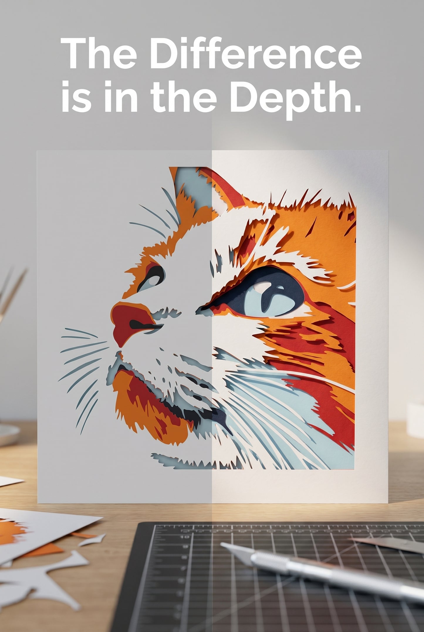 Poređenje 3D layered art dekoracije riđe mačke – prikaz dubine slojeva papercut tehnike