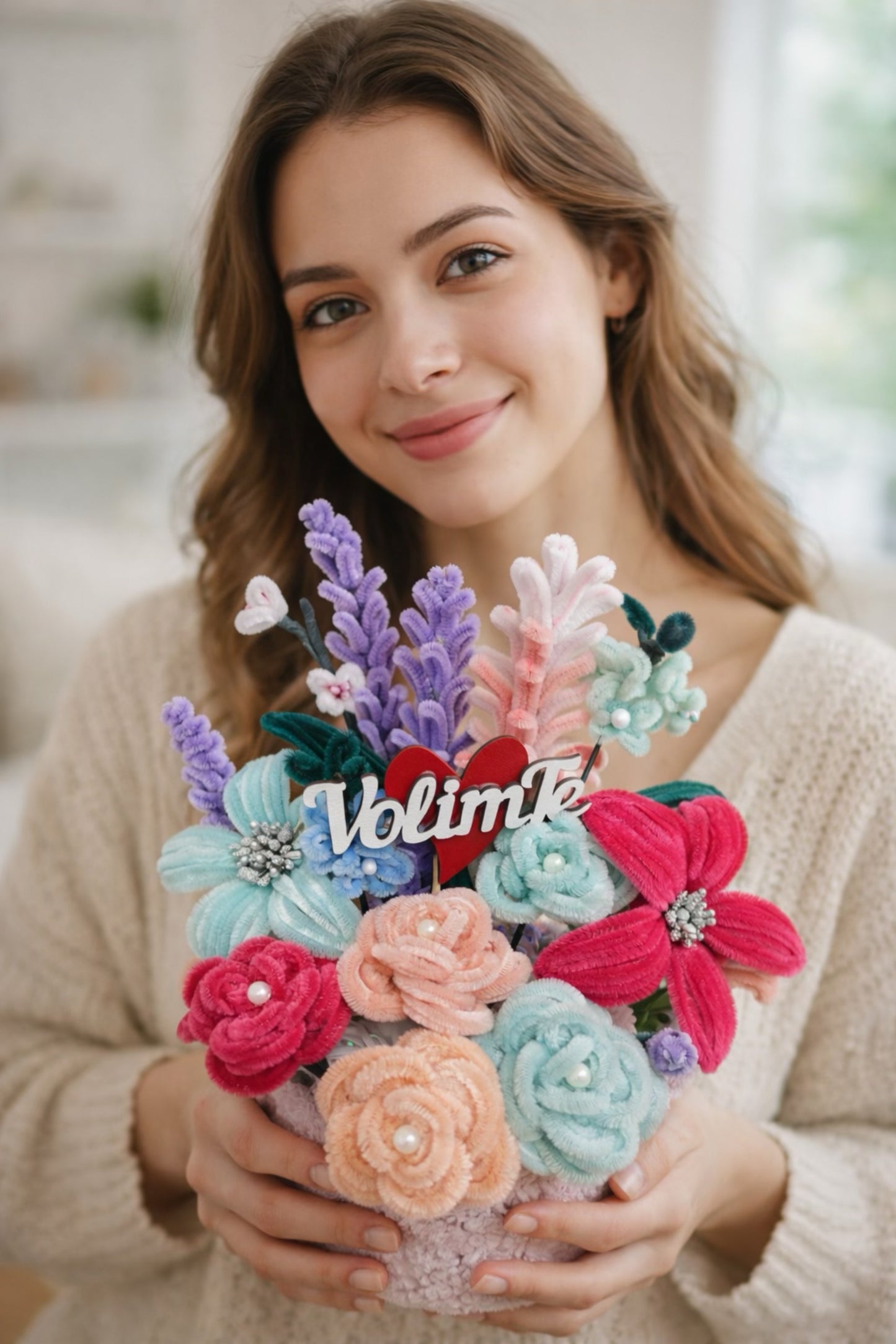 Personalizovani buket od fuzzy žice u pastelnim bojama sa natpisom 'Volim te' - ručno rađen poklon za Dan zaljubljenih, rođendane i posebne prilike