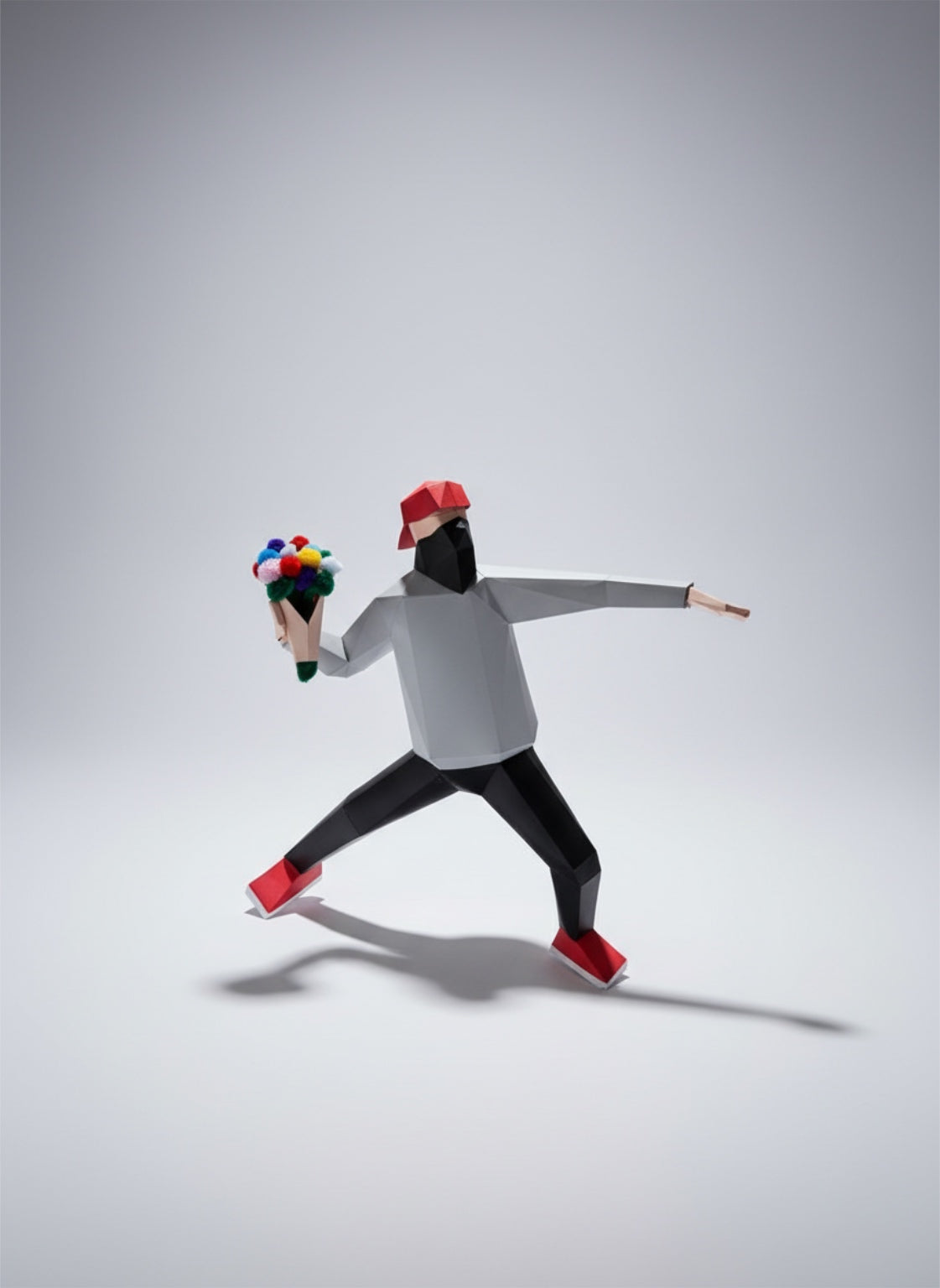 Low poly figura Bacač cveća – 3D vizualizacija, Banksy inspired