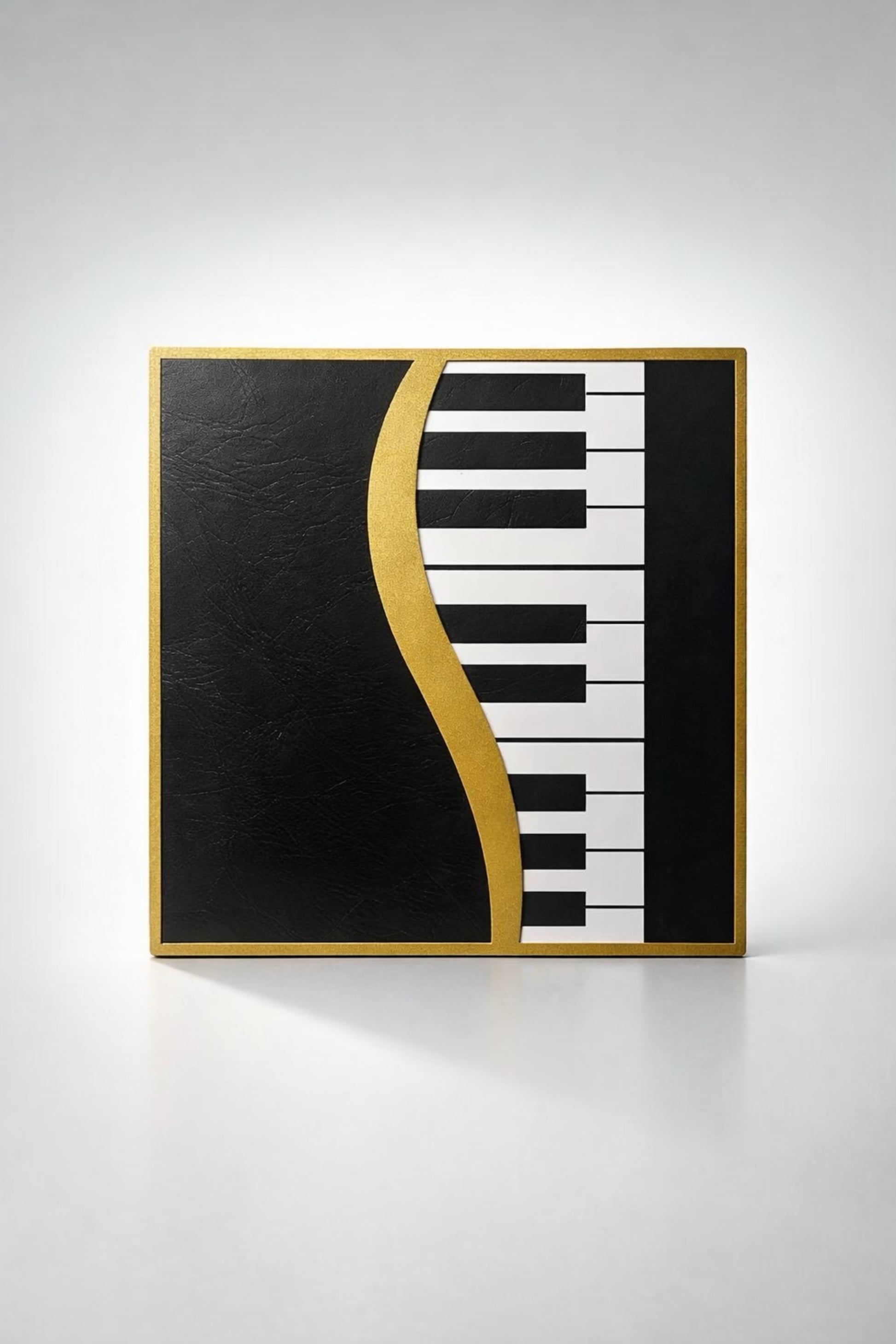 3D shadow box sa motivom klavijature, crna pozadina sa zlatnim okvirom i S-krivinom, frontalni prikaz