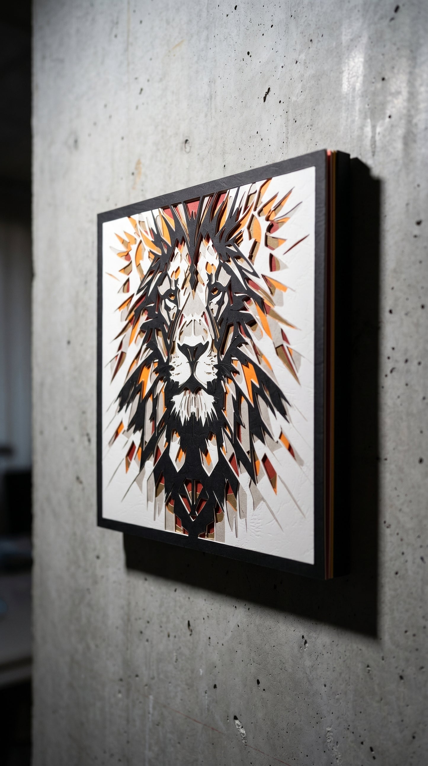 3D layered art portret lava u crnom okviru okačen na betonski zid – geometrijska papercut dekoracija