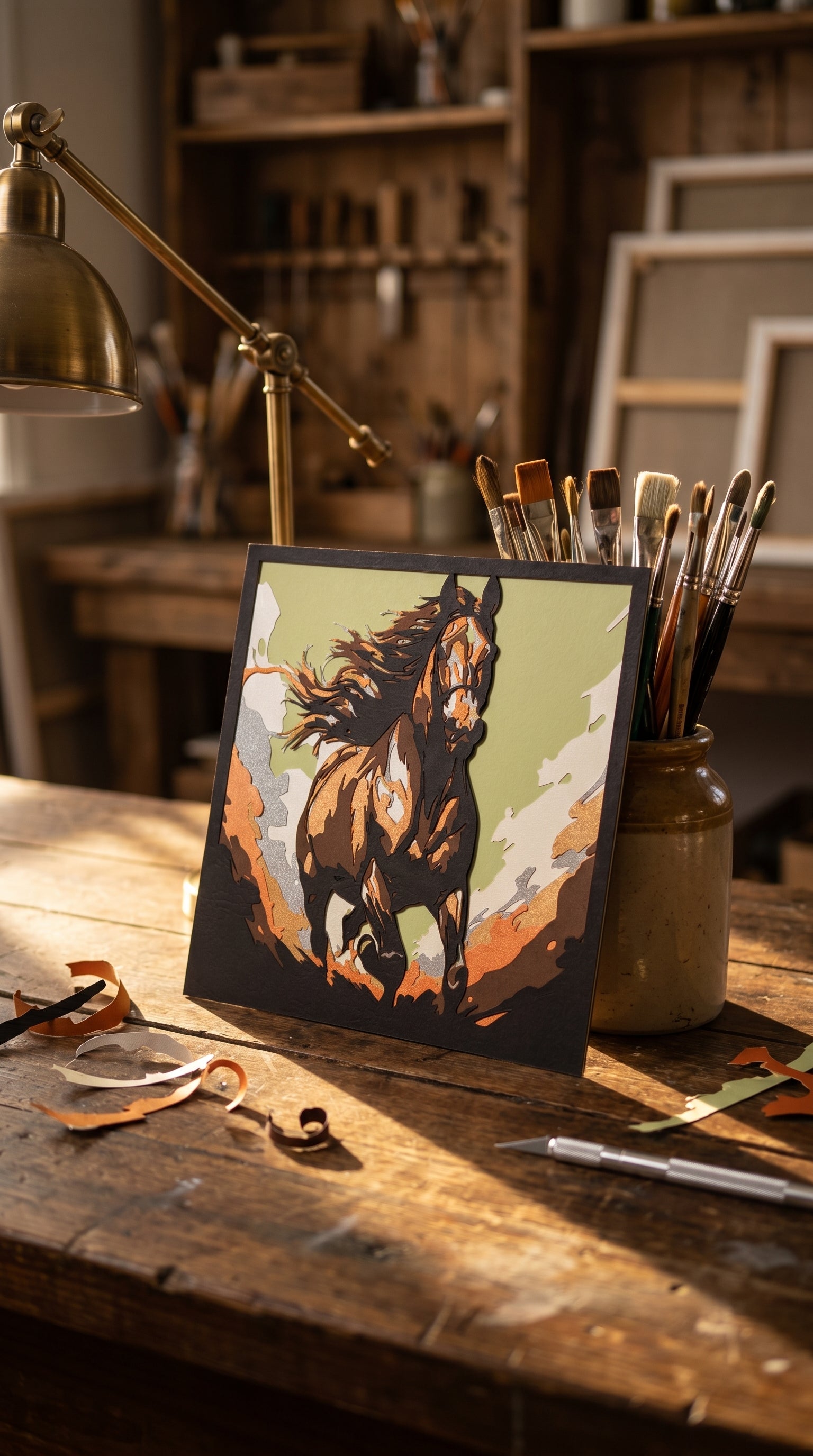3D layered art dekoracija konja u galopu na radnom stolu umetnika – višeslojna papercut kompozicija
