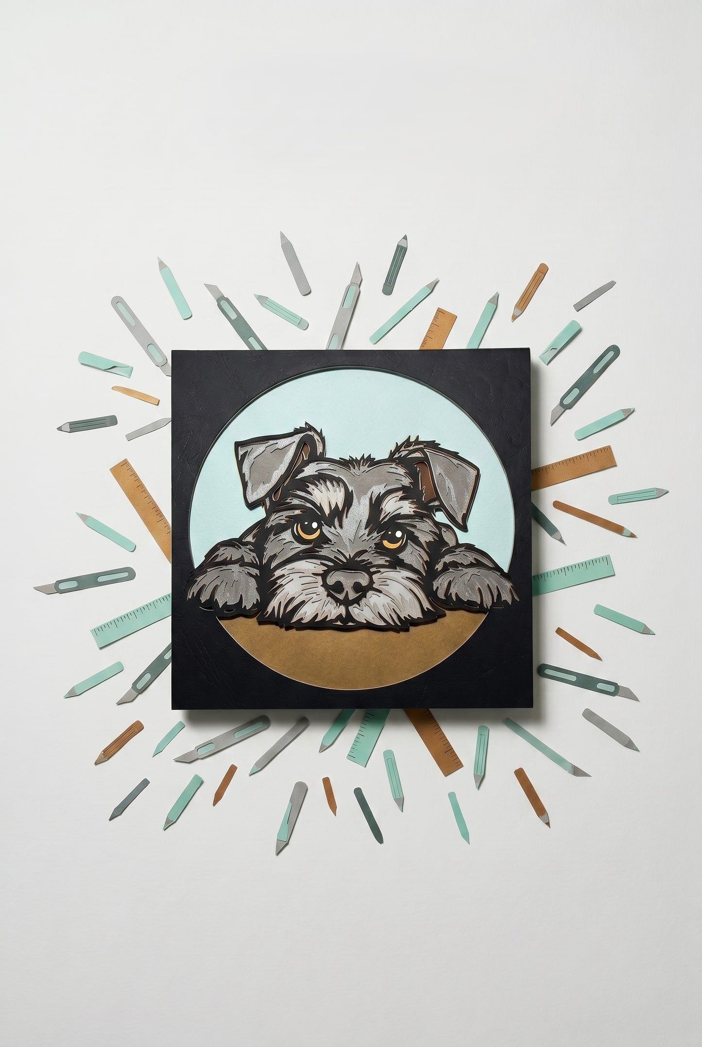 Flat lay prikaz 3D layered art dekoracije šnaucera okružene papercut alatima