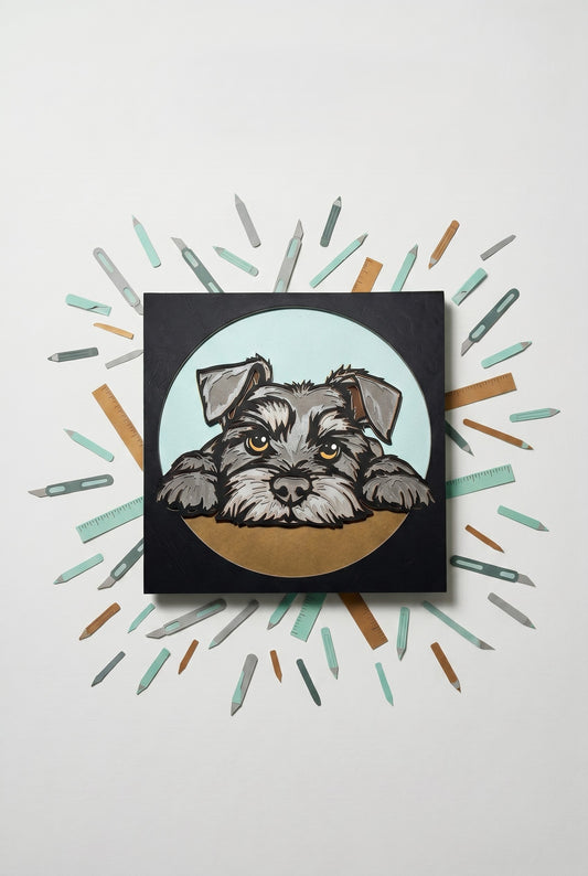 Flat lay prikaz 3D layered art dekoracije šnaucera okružene papercut alatima