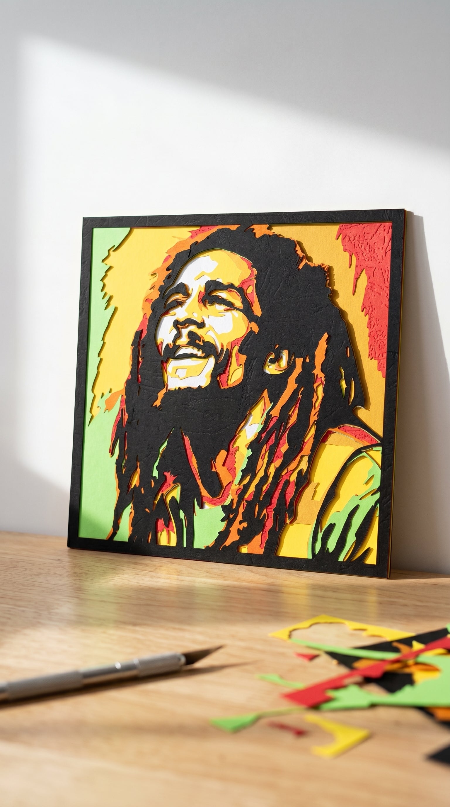 3D layered art portret Boba Marleyja u crnom okviru – višeslojna papercut dekoracija u rasta bojama