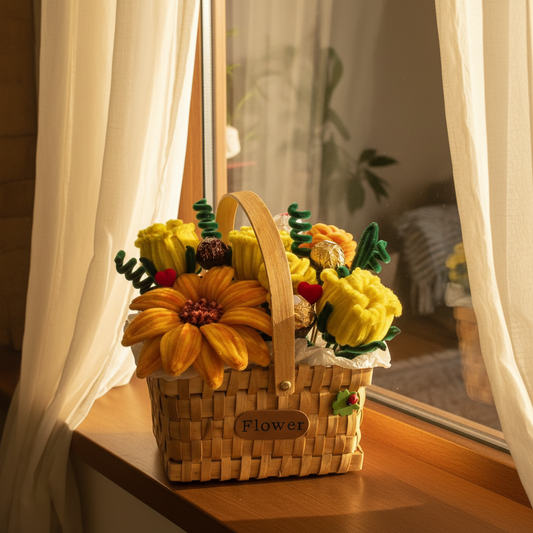 Personalizovani žičani buket sa narandžastim i žutim cvetovima u pletenој korpi, idealan poklon za Dan žena ili rođendan