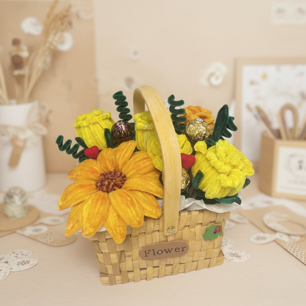 Personalizovani žičani buket sa narandžastim i žutim cvetovima u pletenој korpi, idealan poklon za Dan žena ili rođendan