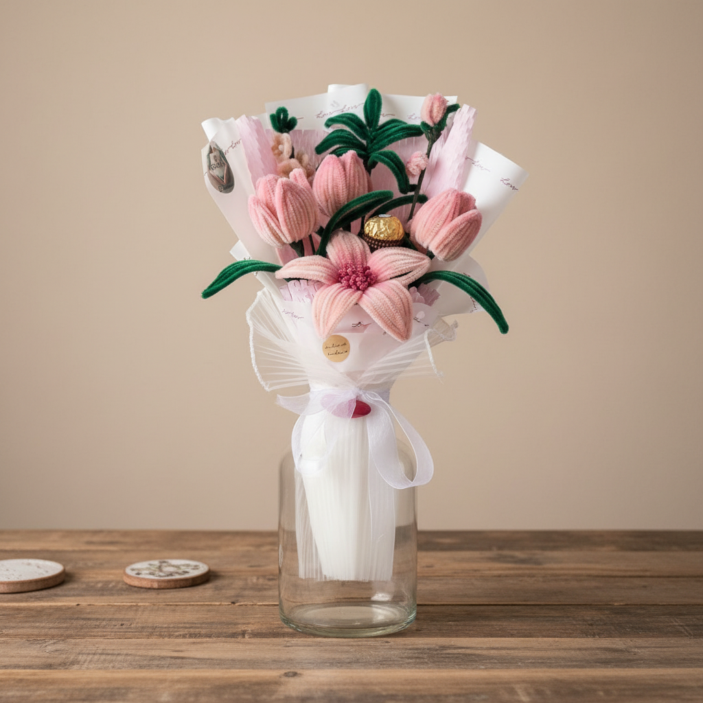 Ručno rađen žičani buket roze tulipana u staklenoj vazi - elegantni poklon za Dan žena i rođendane