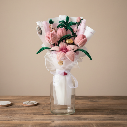 Ručno rađen žičani buket roze tulipana u staklenoj vazi - elegantni poklon za Dan žena i rođendane