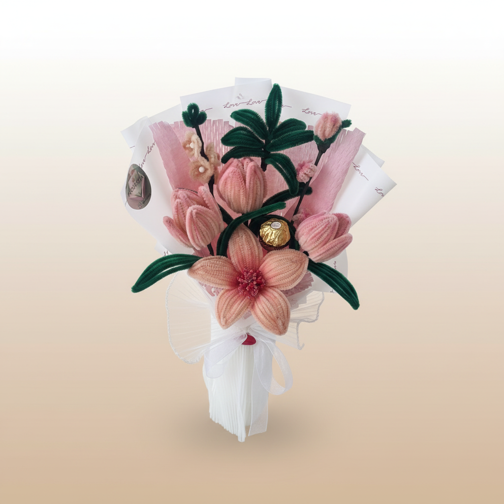 Ručno rađen žičani buket roze tulipana u staklenoj vazi - elegantni poklon za Dan žena i rođendane